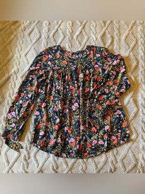 Dark Blue Floral Long-Sleeve Women's Blouse